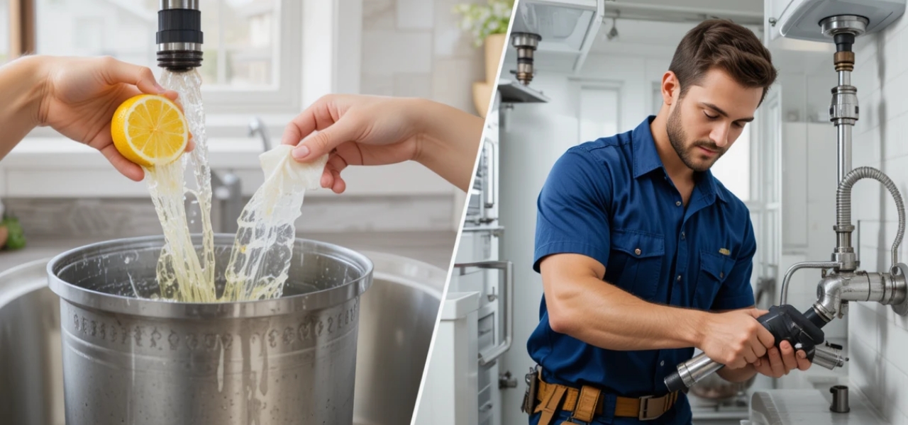 Split-screen image showing plumbing myths on the left and a professional plumber fixing pipes on the right in a modern home setting.