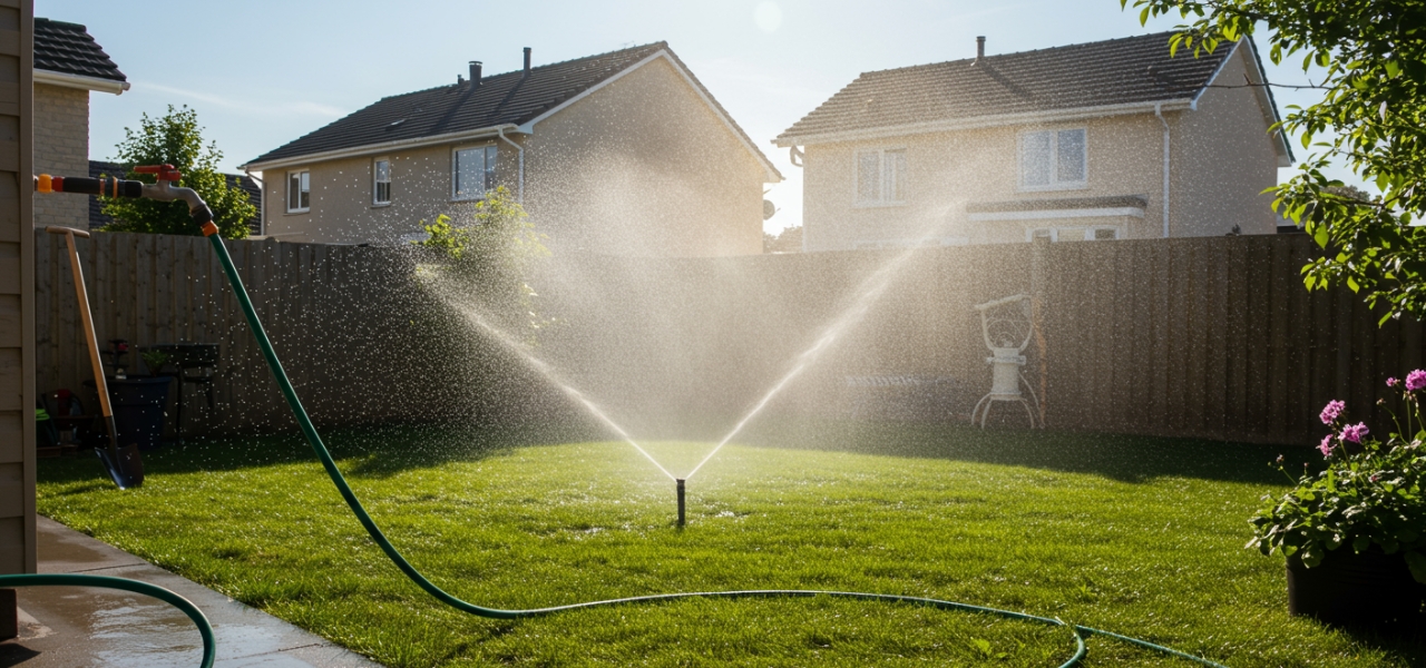 Backyard with sprinkler system watering lawn on a sunny day, showing summer water usage
