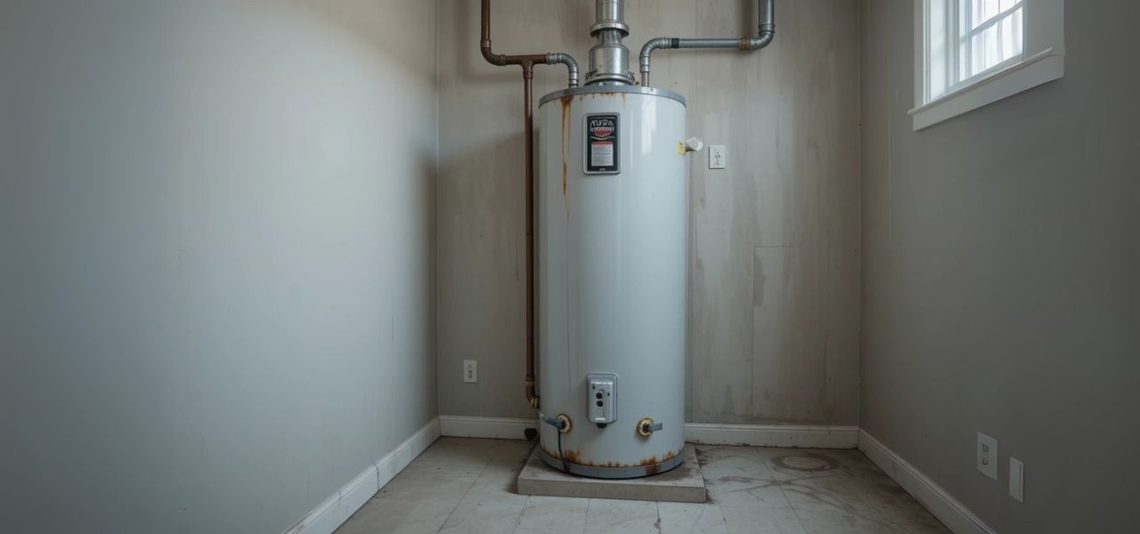 Water heater in a modern utility room with signs of wear including rust, mineral buildup on pipes, and a small puddle beneath the unit.