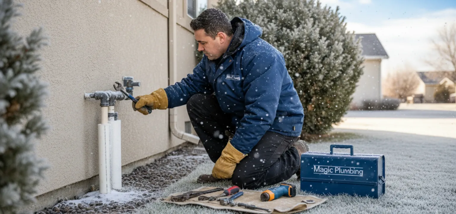 Professional plumber from Magic Plumbing insulating outdoor pipes during winter in Nampa, Idaho to prevent frozen pipes.