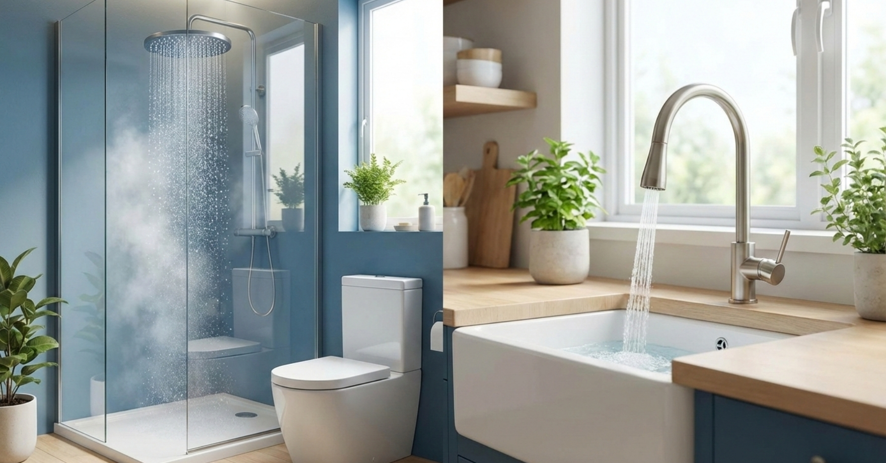 Modern bathroom and kitchen with water-efficient low-flow showerhead, faucet, and toilet, emphasizing eco-friendly water conservation.