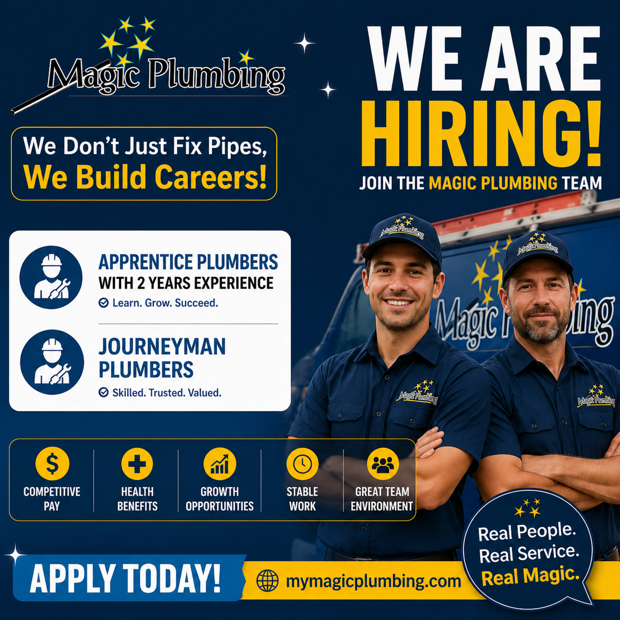 Hiring for Apprentice and Journeyman Plumbers at Magic Plumbing – Competitive pay, growth opportunities, and a great work environment
