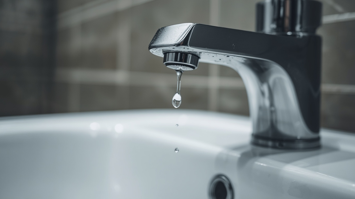 Close-up of a bathroom faucet dripping water despite being tightly turned off, highlighting a common plumbing problem.