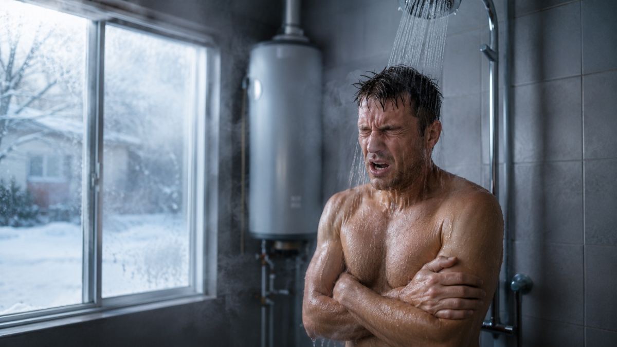 Frustrated homeowner taking a cold shower in winter as hot water runs out, with snowy weather outside and a water heater in the bathroom background.